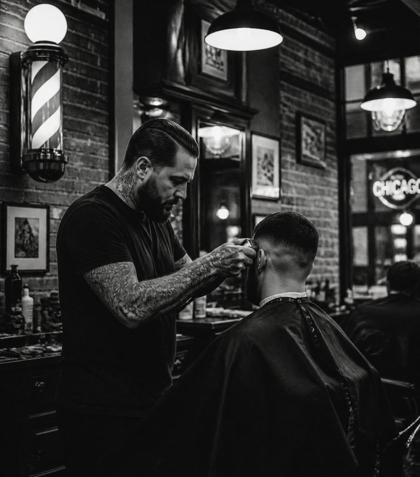 Master barber giving a fade inside EMB Barbershop, black and white film