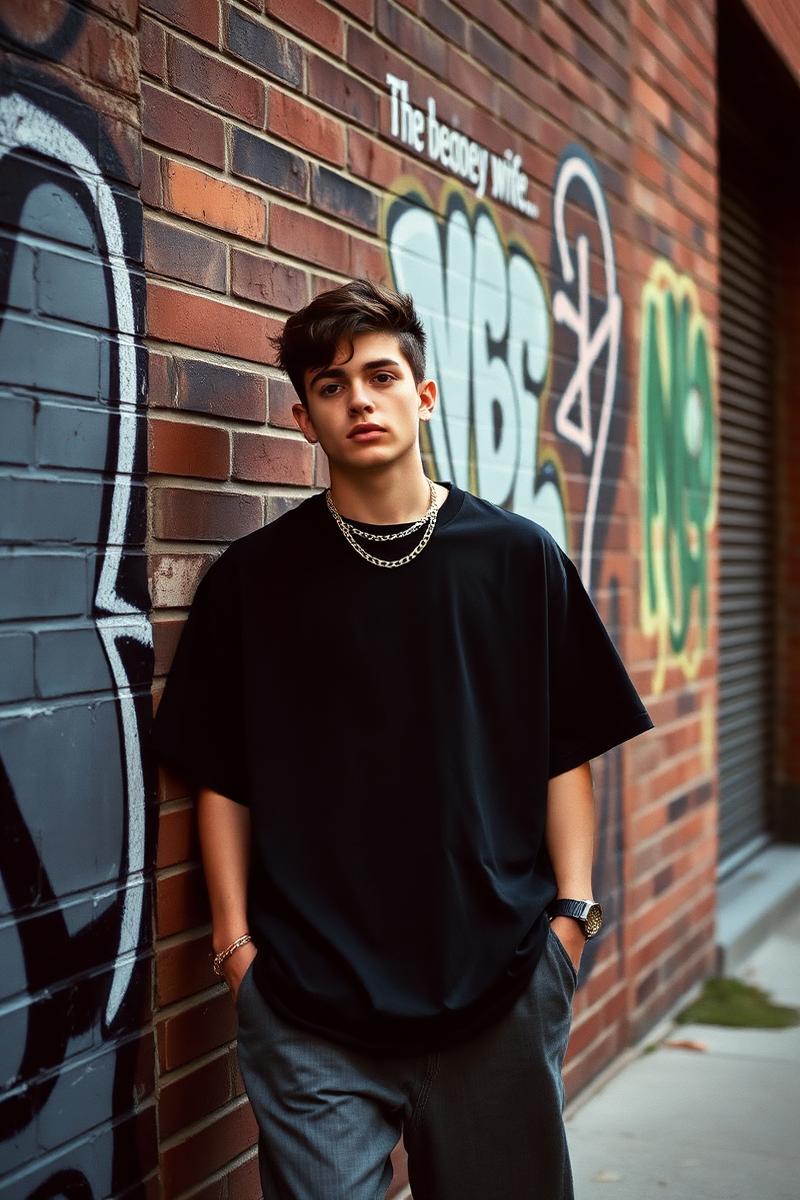Model in oversized EMB tee against graffitied brick