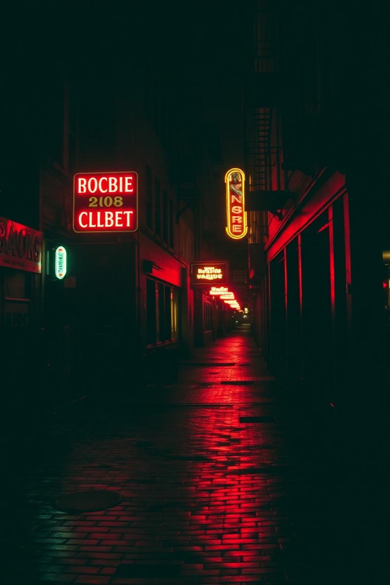 Chicago alley at night with red neon signs